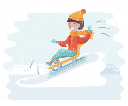 Vector cartoon funny illustration of girl sledding on the snow. Winter fun in snowy landscapeのイラスト素材