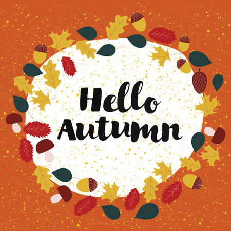 Vector template design of card Hello, Autumn decorated with leaves nd mushrooms and acornsのイラスト素材