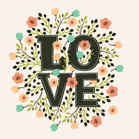 Vector decorative card with floral decor and amazing hand drawn word "Love" in vintage styleのイラスト素材