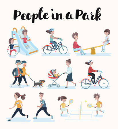 Vector set of cartoon people in situations in park. Isolated illustration on white background. Family members spending time together, kids and adults, elderly peopleのイラスト素材