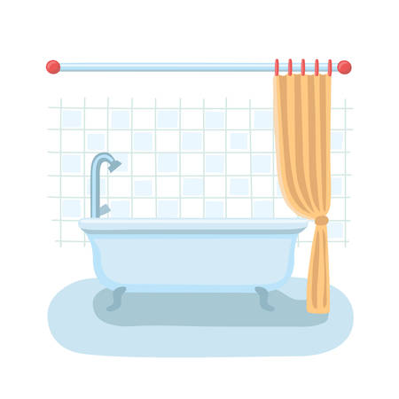 Vector cartoon illustration of bthroom interior in flat style with open shower curtain.のイラスト素材