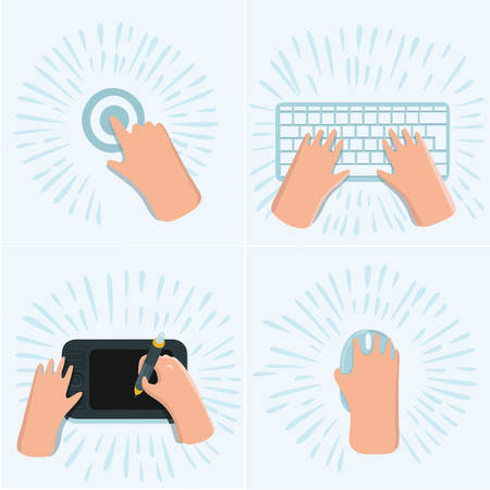 Vector cartoon set of illustration of hand touch screen by finger, draw on graphic tablet on the desk, on computer mouse, working on keyboard at work space. Top viewのイラスト素材