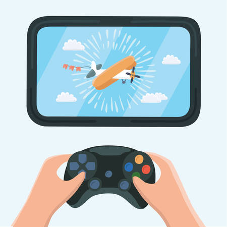 Vector illustration of gaming concept. Man holding in hands gamepad and playing in airplanes...