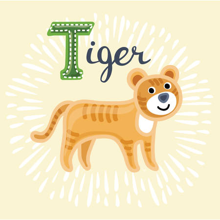 Vector illustration of tiger. T letter. Funny cartoon cute children animal in vector.のイラスト素材
