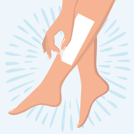 Vector illustration of epilation or depilation procedure. Waxing or sugaring process with strips. Hair removal.のイラスト素材