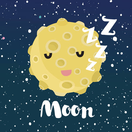 Vector cartoon funny illustration of Sleeping Moon with cute smiling face. Space night sky with stars. Hand drawn lettering name moonのイラスト素材