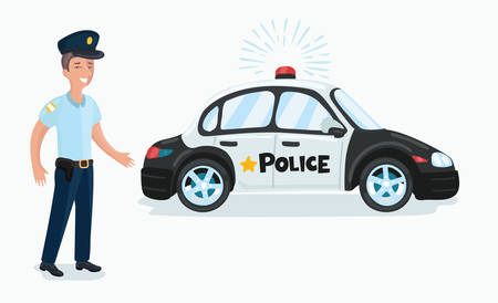 Vector cartoon funny ilustration of a policeman and police car isolated on white backgroundのイラスト素材