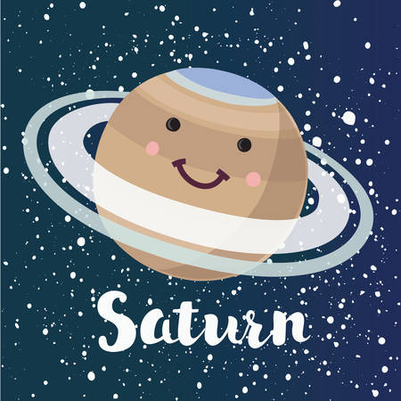 Vector cartoon funny illustration of planet Saturn with smiling face in retro flat cartoon style on space dark star sky background. Poster for children room, education. Hand drawn lettering nameのイラスト素材