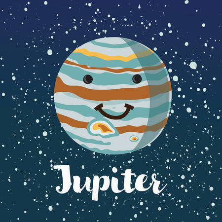 Vector cartoon funny illustration of cute smiling planet Jupiter in retro flat cartoon style. Poster for children room, education. Jupiter card composition on dark space stars sky backgroundのイラスト素材