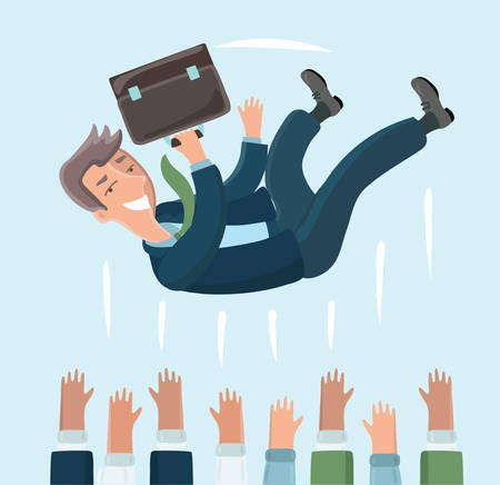 Vector cartoon funny illustration of throw hands happy manager character in the air. Winner make a good deal. The joy of colleagues. Scene team building, training. Happy man in suit with caseのイラスト素材
