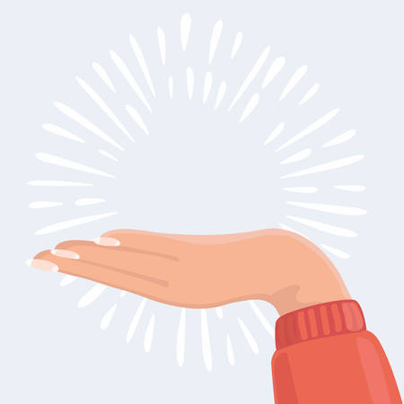 Vector cartoon illustration of n the palm of human hand. Template for banner and advertisingのイラスト素材