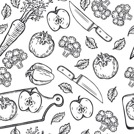 Vector seamless vegetables knives and cutting board background. Black outline freehand hand drawn pattern.のイラスト素材