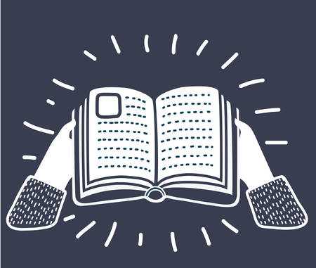 Cartoon hand drawn illustration of hands holding an open book in Black and white colors, Modern graphic concept.のイラスト素材