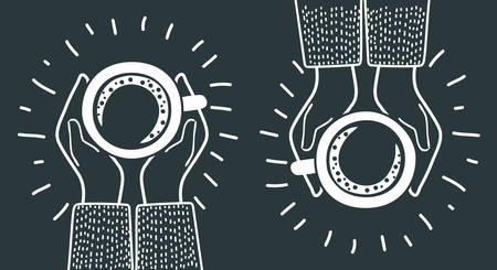 Vector cartoon illustration of sharing coffee. Meeting friends. Top view. Modern concet in black and white colors.のイラスト素材