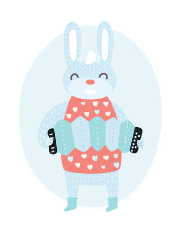 Vector cartoon funny illustration of white rabbit musician playing accordion. Happy Easter card decorated with flower in vintage colorのイラスト素材