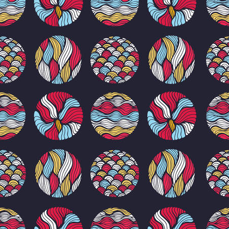 Vector decorative design freehand elements on seamless pattern. Round ornament decoration. Colorful patterns on dark background. Stylized wavy, scale and floral theme.のイラスト素材