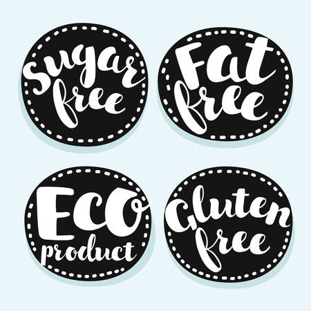 Vector set of labels, badges and stickers on organic, natural and healthy food. Hand drawn lettering on black element. Sugar, fat, gluten free, eco product.のイラスト素材