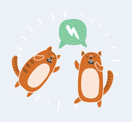 Vector cartoon illustration of Crazy funny struggle red kawaii cats. Speech bubble.