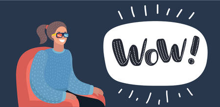 Vector funny cartoon illustration of Beautiful Woman Watching 3D Movie in stereo glasses.のイラスト素材
