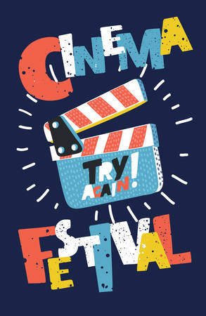 Vector cartoon illustration of hand drawn clapperboard. Cinema festival Poster.のイラスト素材