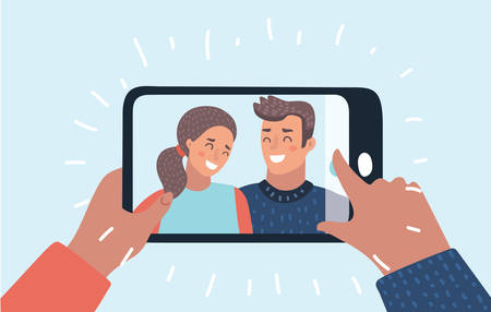 Vector cartoon illustration of Happy couple taking Romantic selfie. Romantic travel. Portrait Tool. Characters on isolated background.のイラスト素材