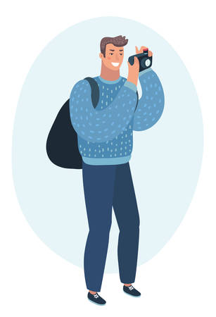 Vector cartoon illustration of happy smiling young man taking photo with digital camera side view.のイラスト素材