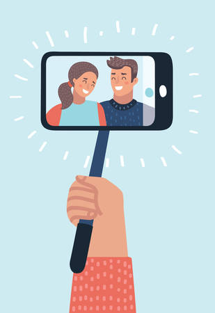 Vector cartoon illustration of portrait of smiling young people. Couple on smartphone. Humans hand holding selfie stick monopod. Funny characters on isolated background.のイラスト素材