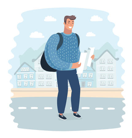 Vector cartoon illustration of Tourist man try navigate himself with map in unknown city. Funny happy male characters on city landscape background.のイラスト素材