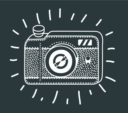 Vector cartoon funny illustration of vintage photo camera icon, retro concept in black and white colors in modern style. For cards, prints, apps, cards, poster.のイラスト素材