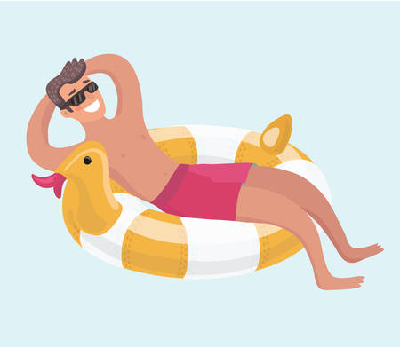 Vector cartoon illustration of Man resting on floating red rubber ring on swimming pool water. Summer rest. Sea vacation. Web graphics, banners, brochures, templates. Character on isolated background.のイラスト素材