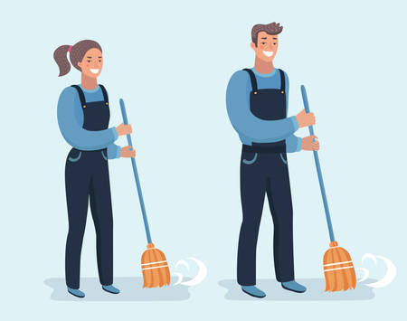 Vector cartoon illustration set of Janitors sweeping the streets. Pretty girl and handsome guy. Charackters on white bacgkroundのイラスト素材