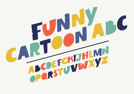 Vector cartoon set of alphabet dynamic hand drawn symbols isolated on white background. Modern colorful playful English slanted alphabet in different colors.+のイラスト素材