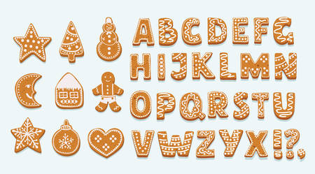Vector cartoon set of aphabet holydays ginger cookie isolated on white background. Merry Christmas and Happy New Year figures cover by icing-sugar+のイラスト素材