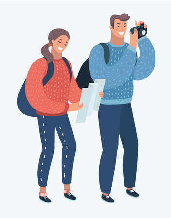Vector cartoon illustration of two young tourists with backpacks, tourist map and camera. Sightseeing City. Funny human characters on isolated background.の写真素材