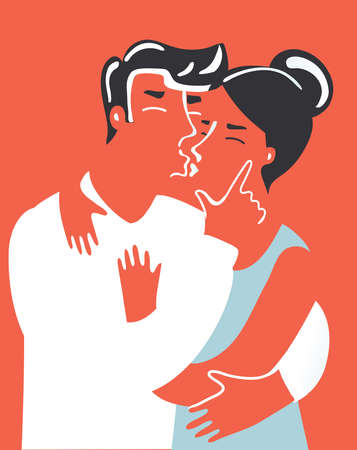 Vector cartoon art illustration of couple in love kissing for postcard design.の写真素材