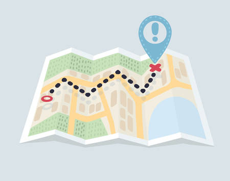 Vector carton illustration of Folded maps navigation with point markers and pin. Route, destination and lockation. Object on isolated white background.のイラスト素材