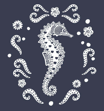 Vector cartoon illustration of Sea Horse. Marine inhabitants. Sea bottom. A fish. Decorative sea horse. Stylized. Line art. Black and white on dark background. Modern style graphicのイラスト素材