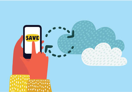 Vector cartoon illustration of concept with users hands holding smartphone and synchronize applications with cloud service. Graphic interface. Modern colorful style.のイラスト素材