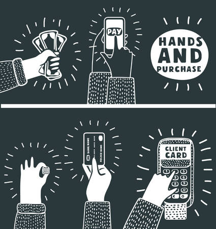 Vector cartoon illustration of hands using mobile phone, cash, pos terminal for credit card for pay. Different way - shopping. Modern concept in black and white colors.のイラスト素材