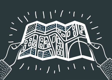 Vector cartoon outline illustration of Hands holding paper Folded map. Tourist look at map of the city , is looking for route. Travel concept in black and white colorsのイラスト素材