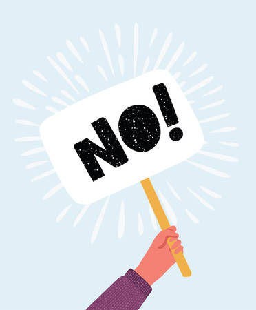 Vector cartoon illustration of human hand with banner No answer choice. Man or woman holding placard with no sign, person say no voteのイラスト素材