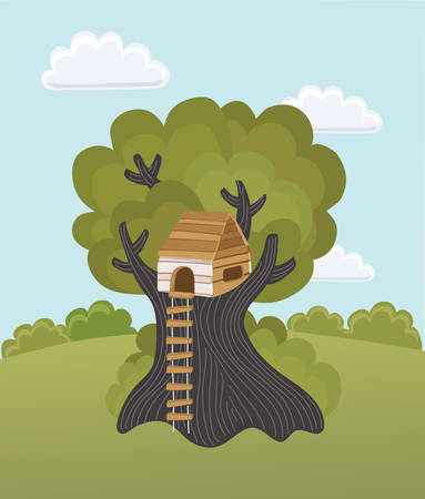 Vector cartoon illustration of kids playng tree house on summer green landscape+のイラスト素材