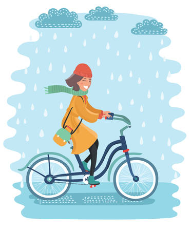 Vector cartoon illustration of happy woman in coat riding a bicycle through rainy day.のイラスト素材