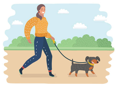 Vector cartoon illustration of young woman walking a dog in the parkのイラスト素材