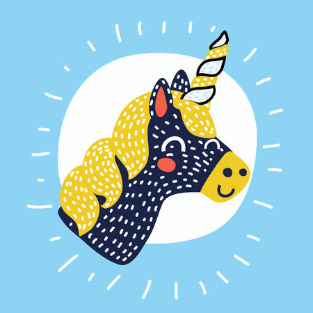 Vector cartoon illustration of Unicorn vector. Horse head smiling .Black unicorn sticker, icon isolated. Cute magic cartoon fantasy animal. Dream symbol. Design for children, baby room interiorのイラスト素材