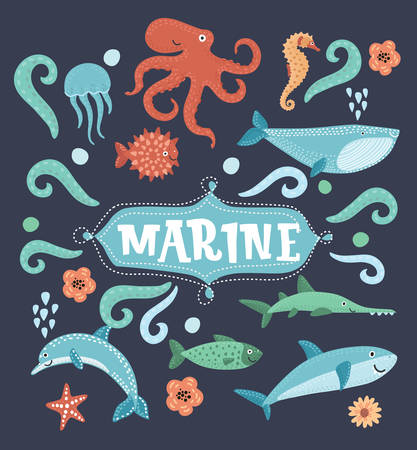 Vector cartoon set of illustration of Underwater animals and sea creatures icons. Ocean and marine fishes and other aquatic life collection. Shark, dolphine, octoupus, fish, sewfich, seahorse, jellyfish, marine star, whale. Cute funy characters marine creatures on dark background.のイラスト素材