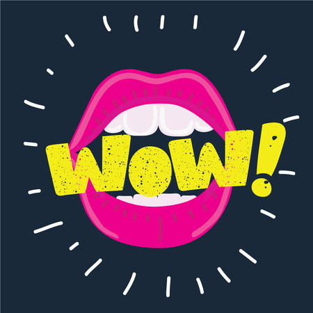 Vector cartoon illustration of Open mouth and WOW Message, promotional background, presentation poster. Flat design, vector illustration. Lettering with vintage texture on dark background.のイラスト素材