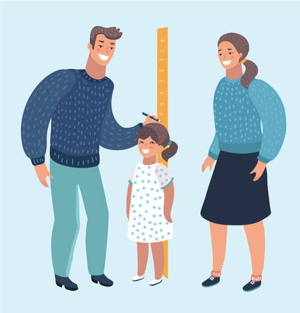 Vector cartoon illustration of Father and mother measuring boy kid height with painted graduations on the wall arrow. Modern style character isolated on white background.のイラスト素材