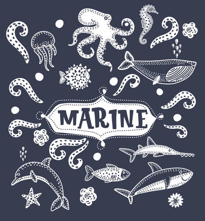 Vector cartoon illustration of Sea marine creatures. Set black silhouete. Shark, dolphine, octoupus, fish, sewfich, seahorse, jellyfish, marine star, whale. Cute funy white characters on dark background.のイラスト素材