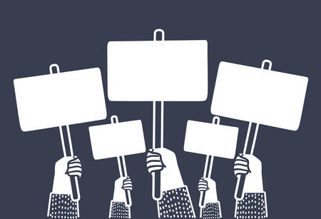 Vector cartoon illustration of riot demonstration, crowd of people with empty posters in they hands with place for text, flat illustration isolated on dark background.のイラスト素材